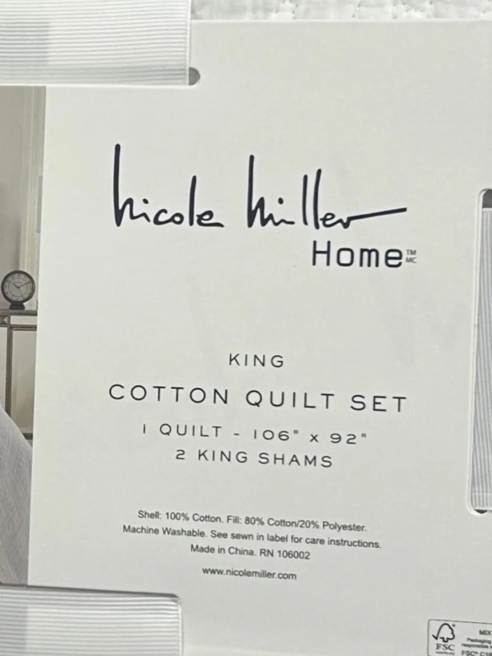 Nicole Miller White King Cotton Quilt Set  106”x92”